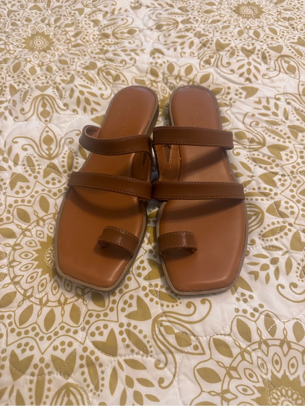 Sun + Stone Tan Triple-Strap Toe Loop Sandals